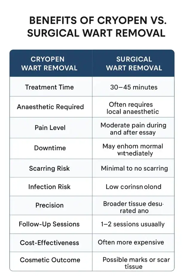 Table showing the benefits of cryopen to remove warts Brentwood compared to surgical treatment